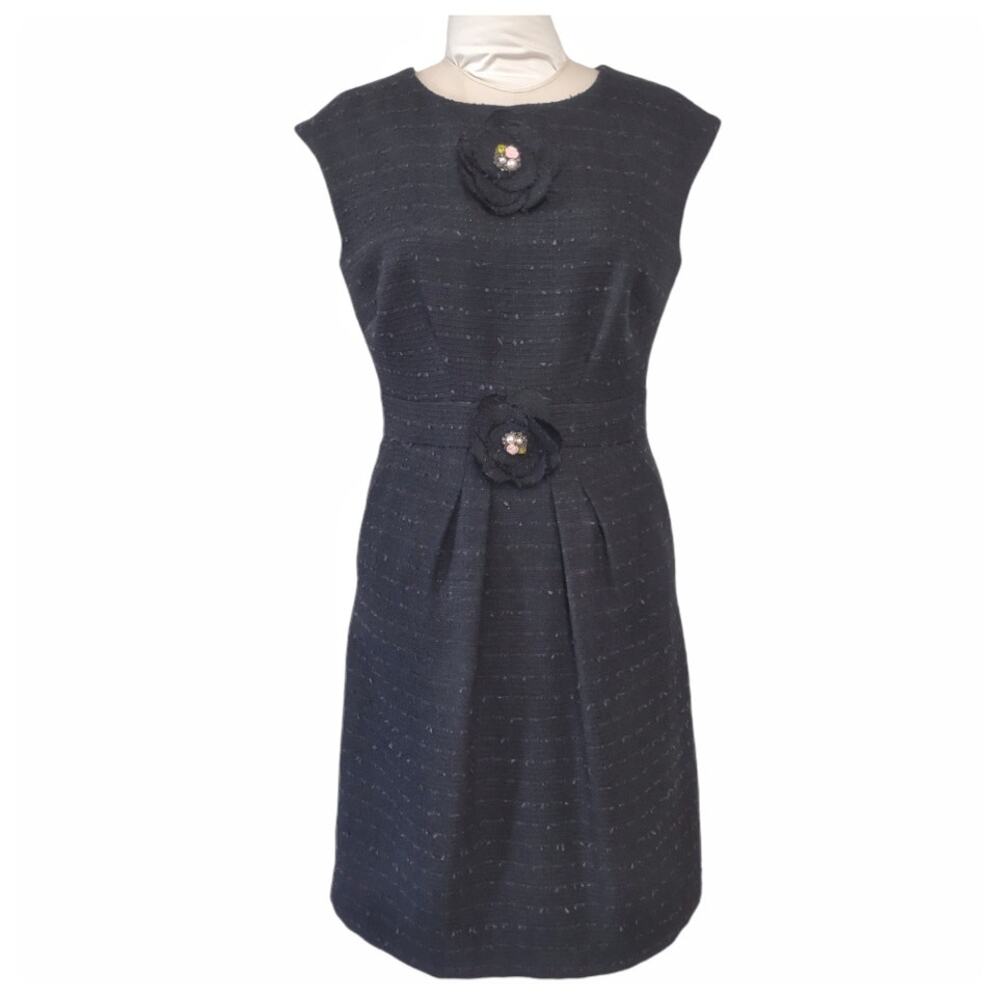 Sonia K Paris Black Bouclé A‑Line Dress Sz 12 Cap Sleeve Removable Floral Brooch
